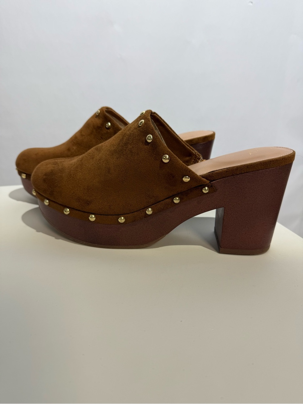 Time and Tru Brown Suede Studded Platform Clogs